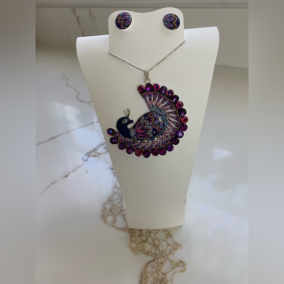 Purple Crystals Peacock Sterling Silver 925 Pendant & Earrings - Picture 5 of 12